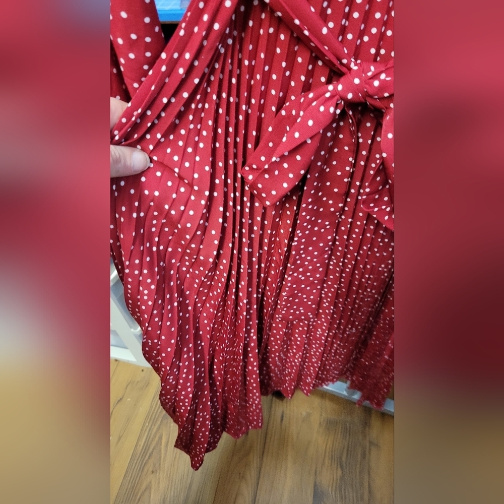 Zip Up Long Sleeve Red Polka Dot Tie Belted Pleated Skirt of Dress Medium - Picture 4 of 9